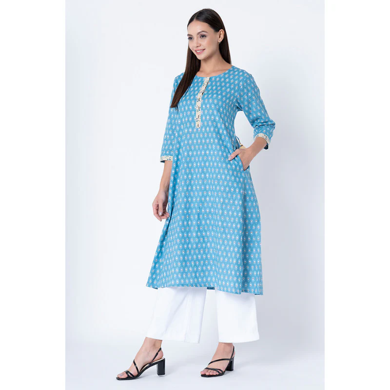 Women Blue Printed Kurta - Image 2