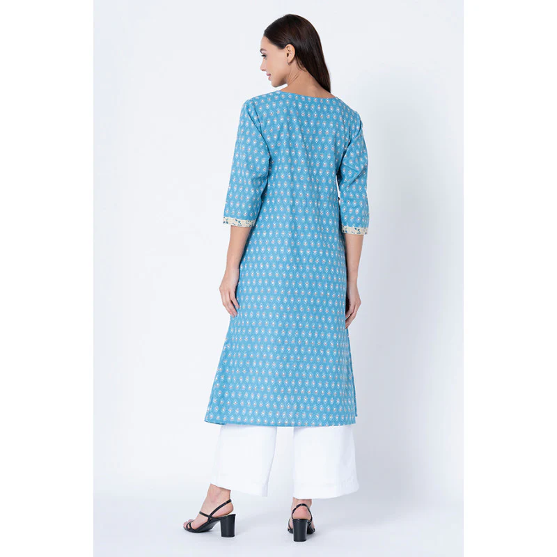 Women Blue Printed Kurta - Image 3