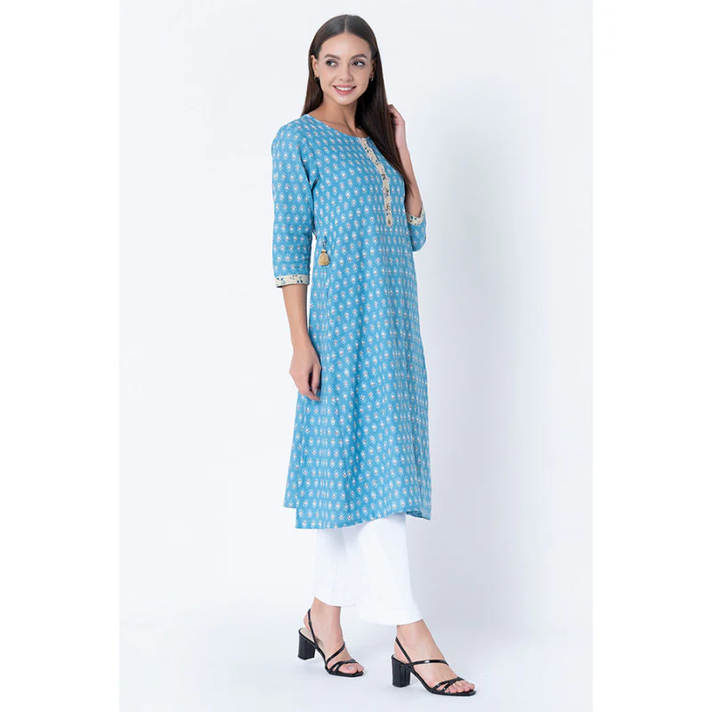 Women Blue Printed Kurta - Image 5