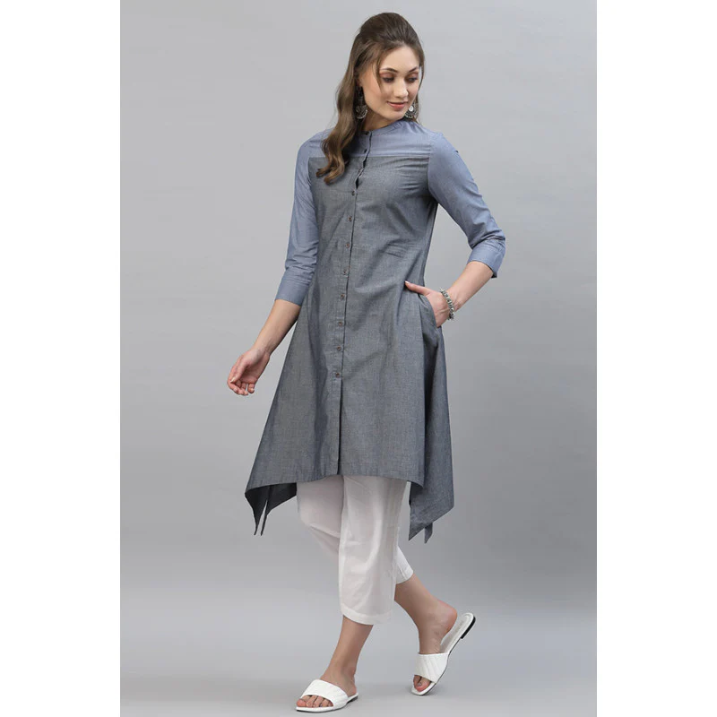 Women Blue Solid Kurta - Image 2