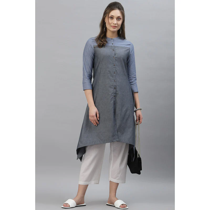 Women Blue Solid Kurta - Image 5