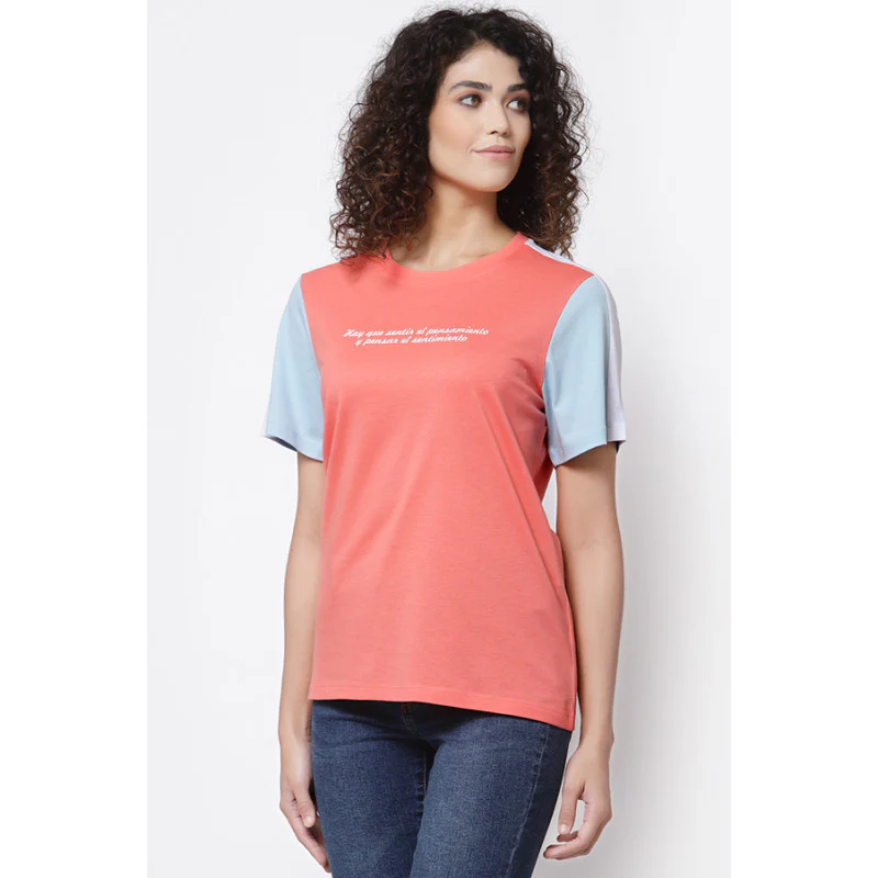 Women Bright Peach Round Neck T-Shirt - Image 3