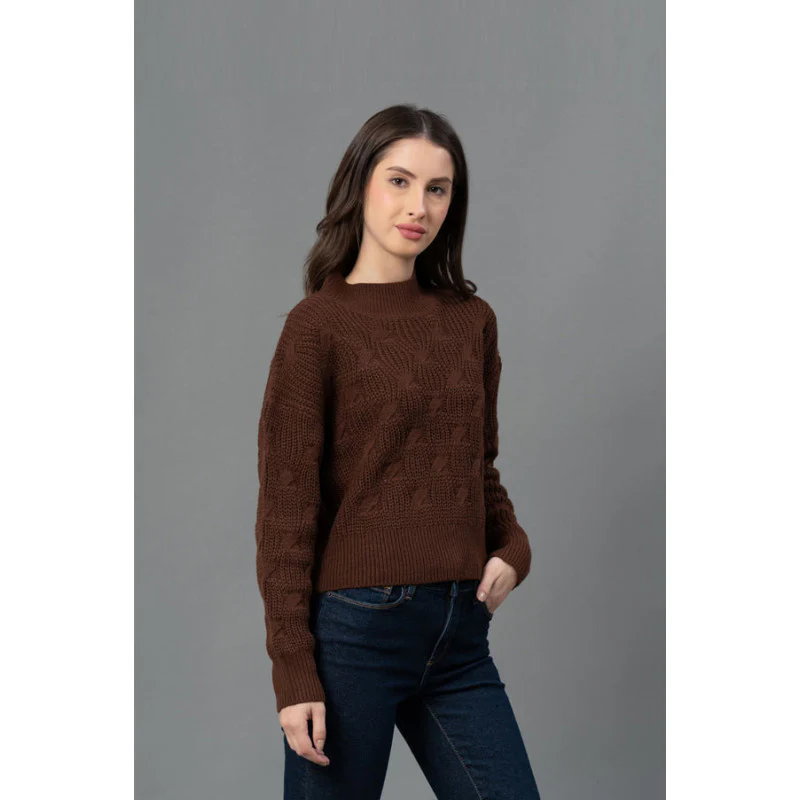 Women Brown Texture Design Sweater - Image 2