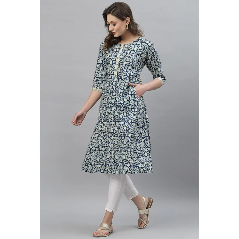 Women Dark Blue Printed Kurta - Image 2