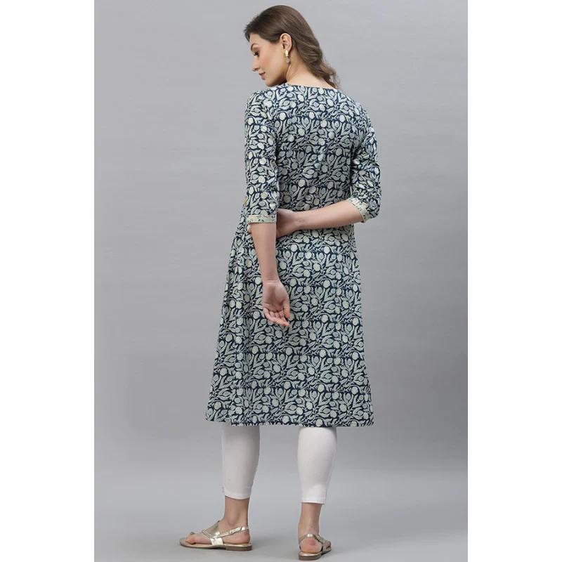 Women Dark Blue Printed Kurta - Image 4