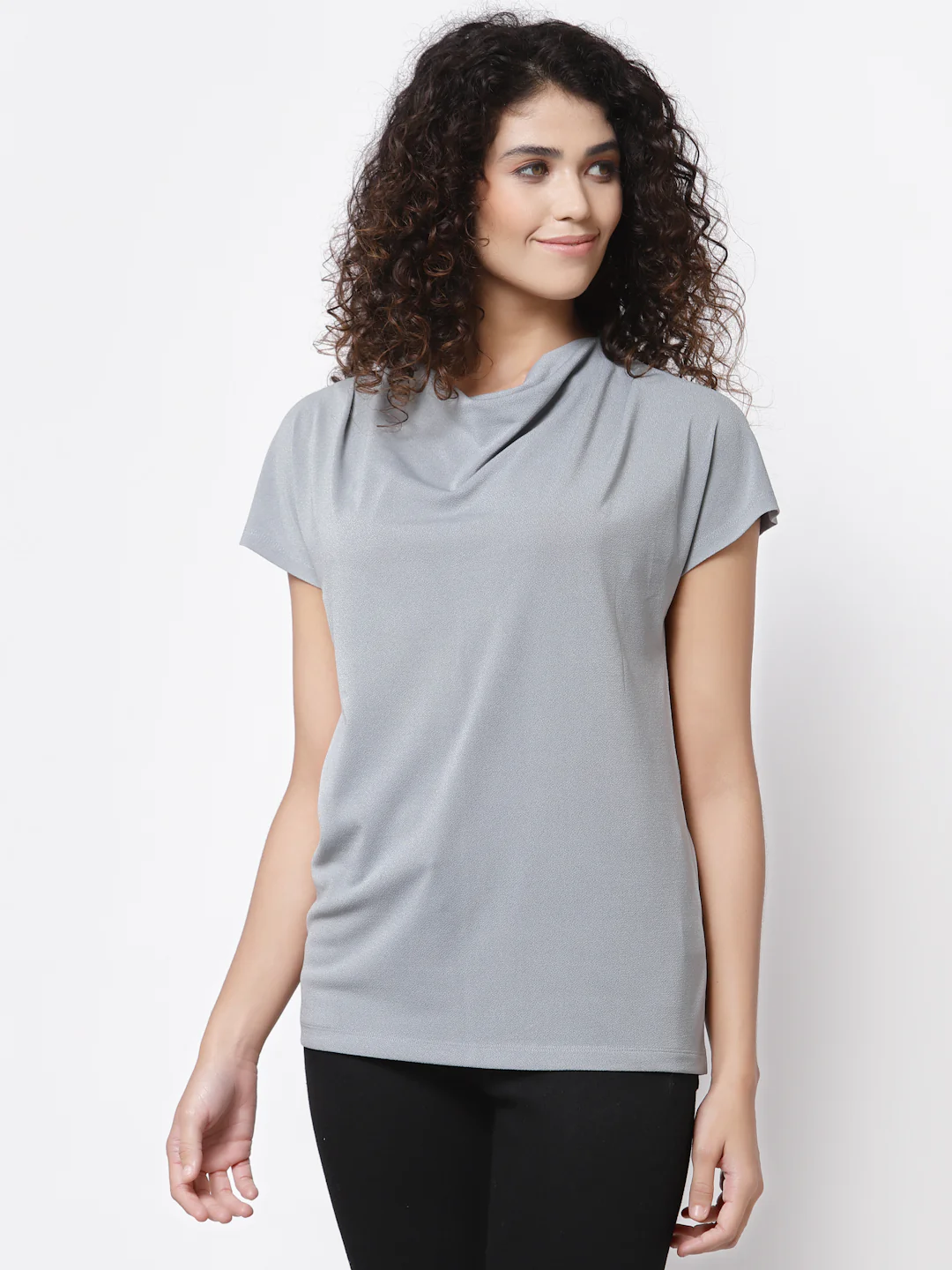 Women Grey Cowl Neck T-Shirt - Image 3