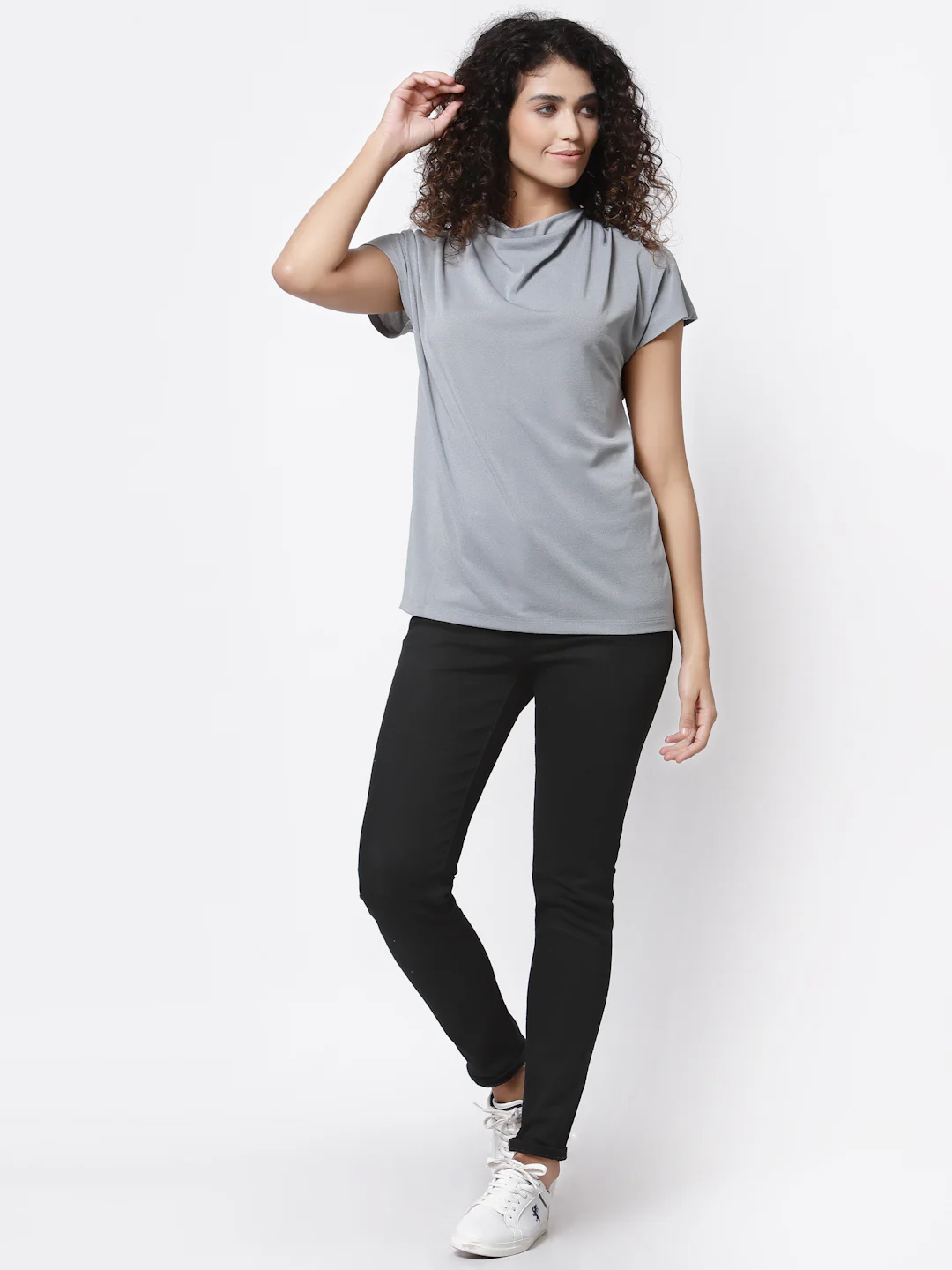Women Grey Cowl Neck T-Shirt - Image 5