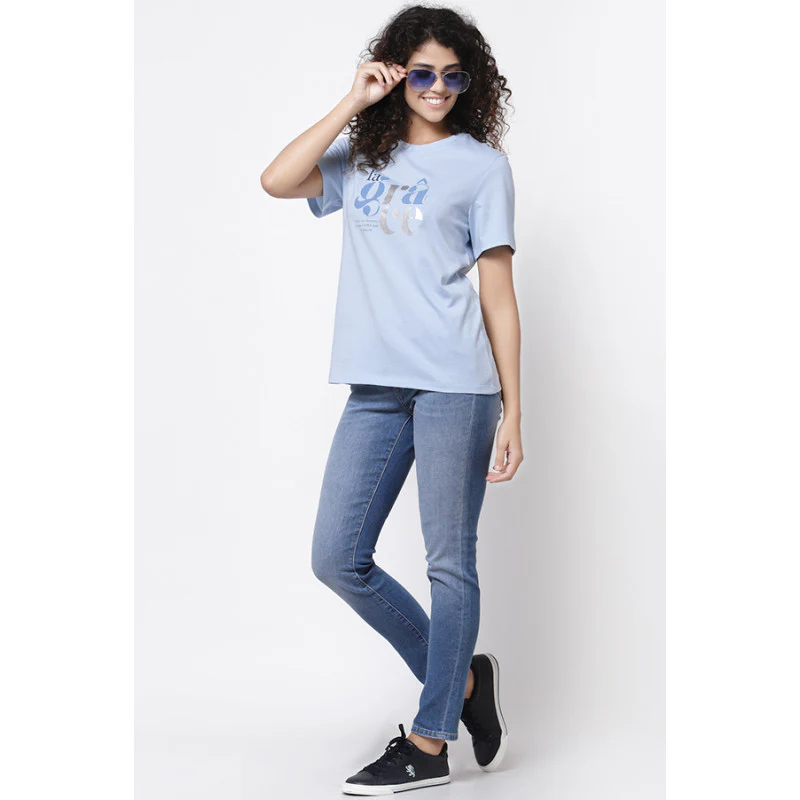 Women Ice Blue Round Neck T-Shirt - Image 5