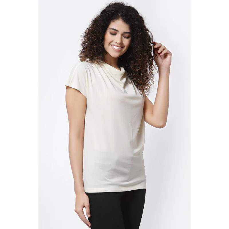 Women Ivory Cowl Neck T-Shirt - Image 3