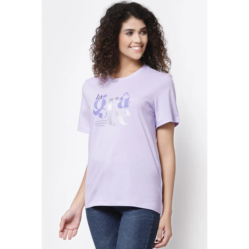 Women Lavender Round Neck T-Shirt - Image 3