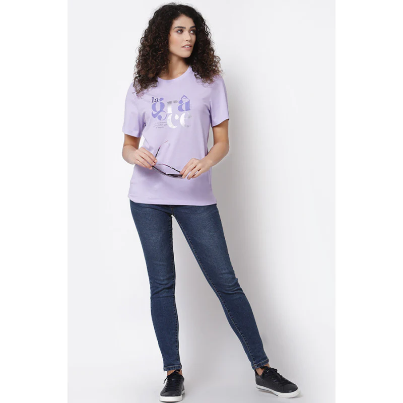 Women Lavender Round Neck T-Shirt - Image 5