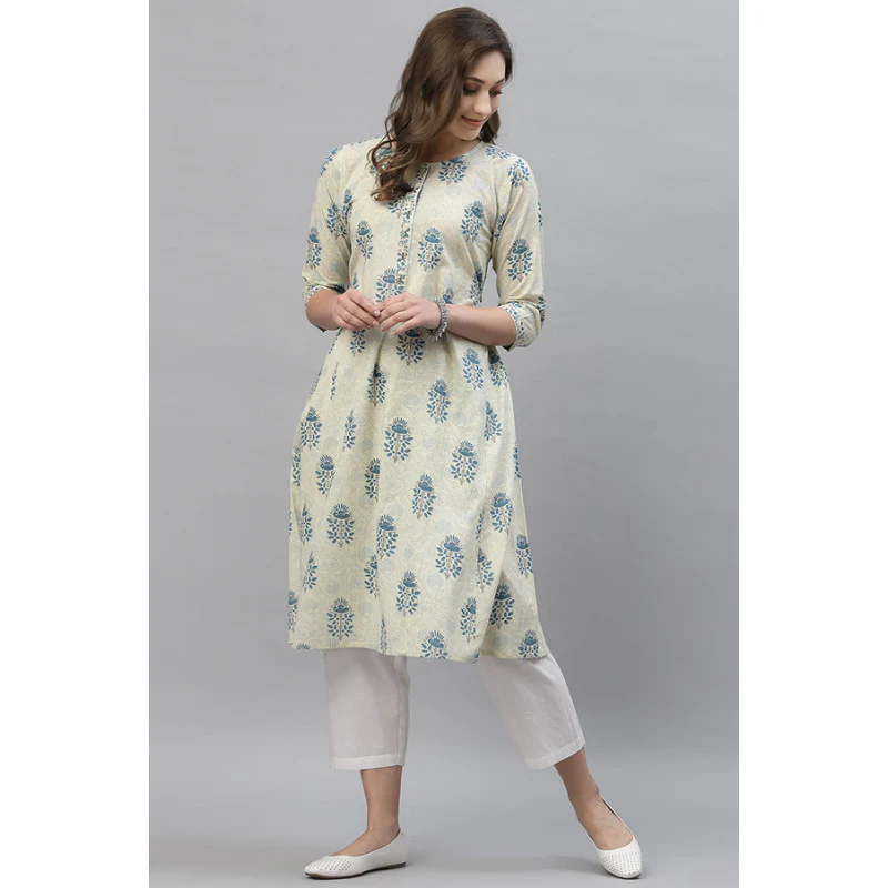 Women Off White Floral Print Kurta - Image 5