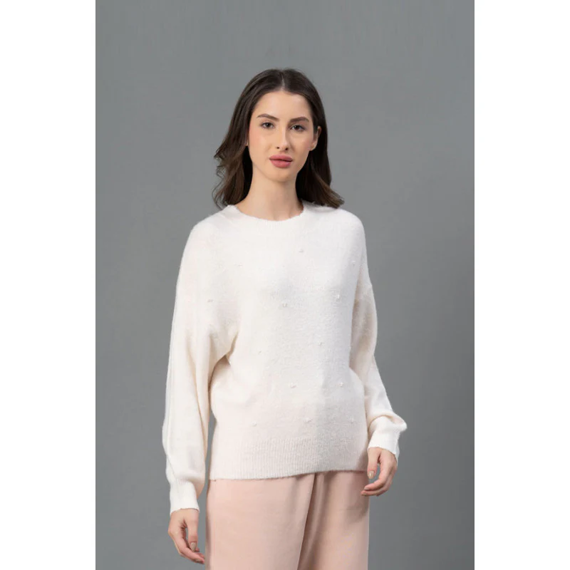 Women Off White Solid Sweater - Image 2