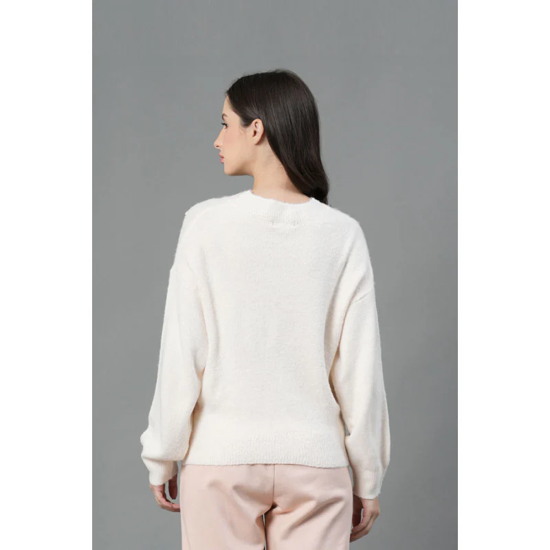 Women Off White Solid Sweater - Image 3