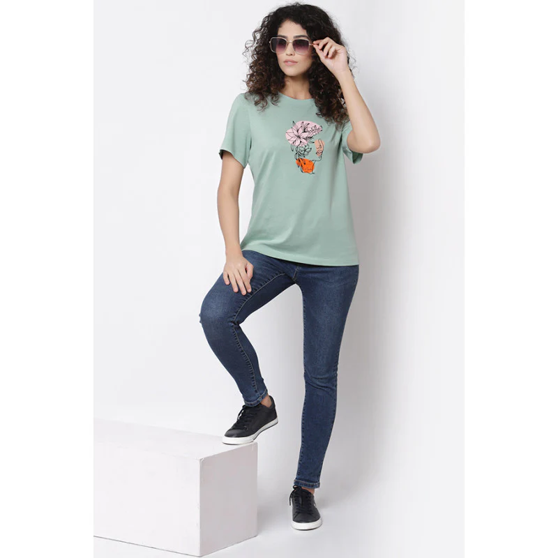 Women Pastel Green Round Neck T-Shirt - Image 5