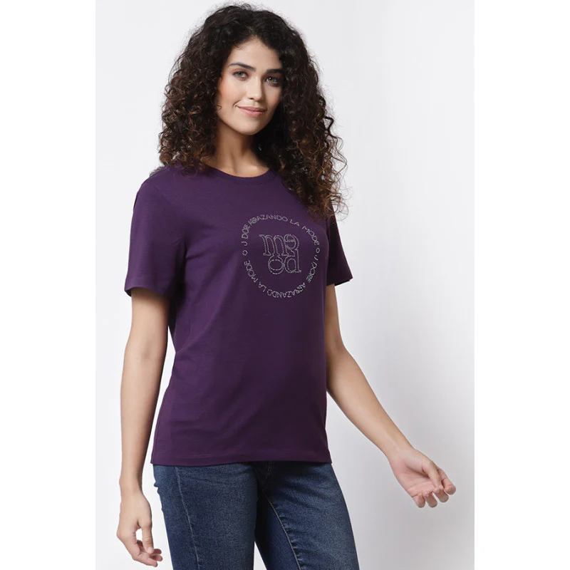 Women Purple Round Neck T-Shirt - Image 3