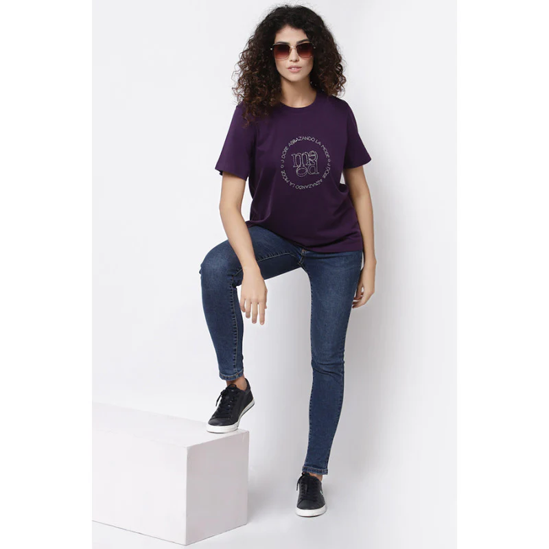 Women Purple Round Neck T-Shirt - Image 5