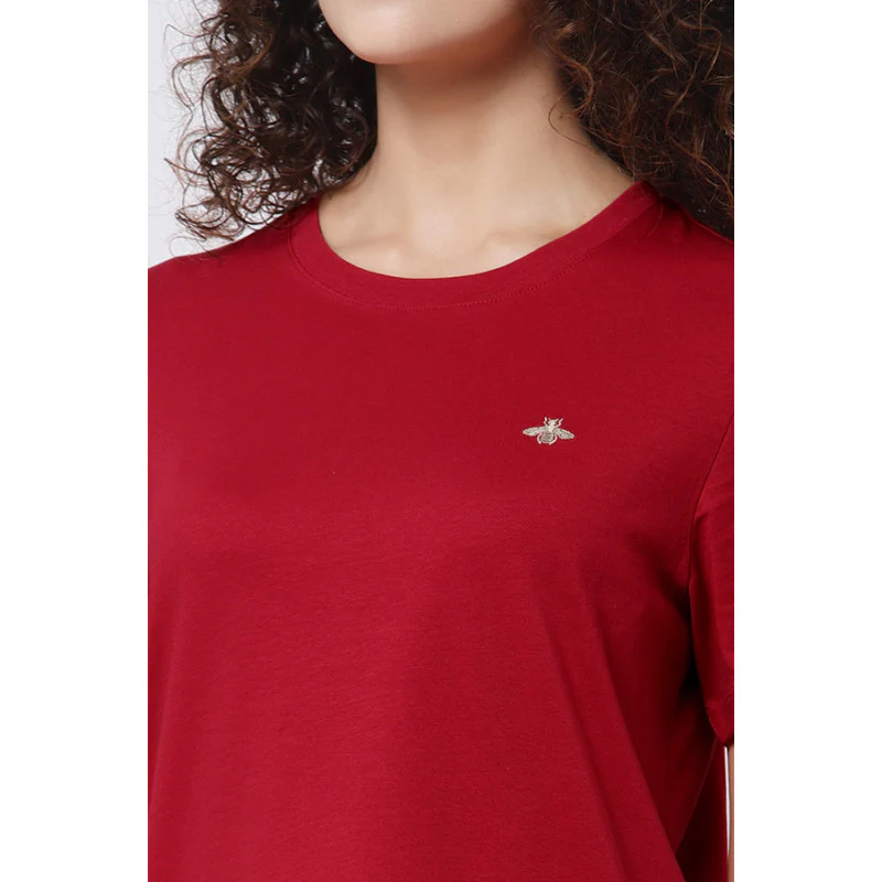 Women Red Round Neck T-Shirt - Image 2