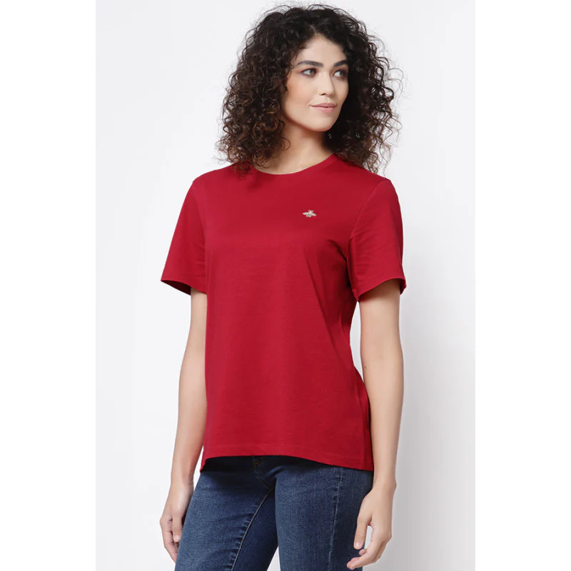 Women Red Round Neck T-Shirt - Image 3