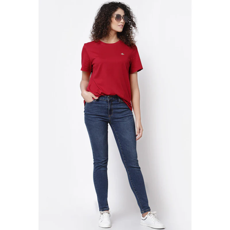 Women Red Round Neck T-Shirt - Image 5