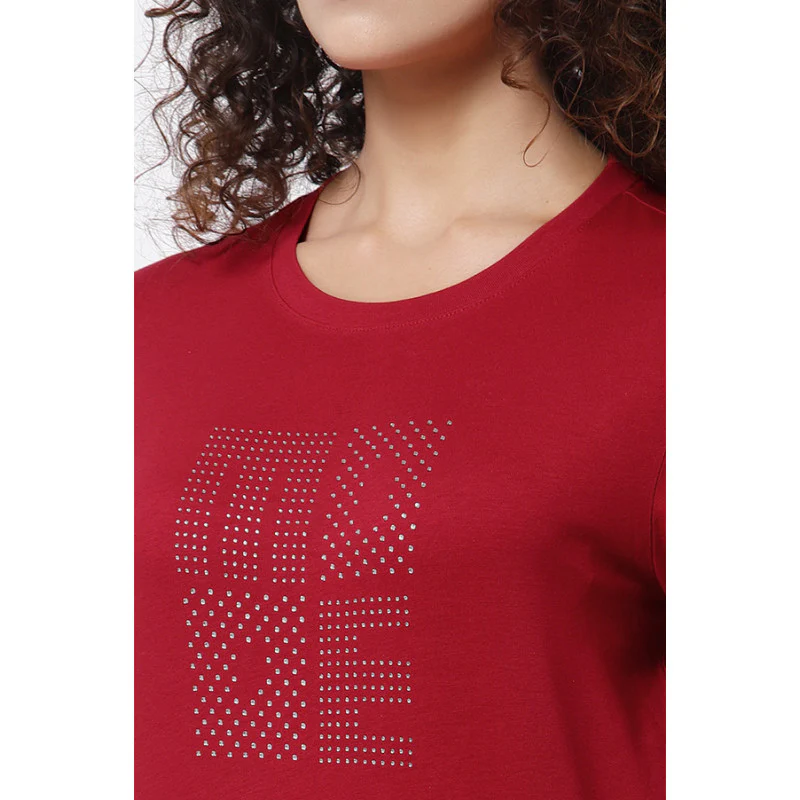 Women Red Round Neck T-Shirt - Image 2