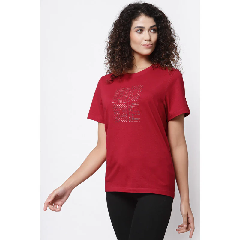 Women Red Round Neck T-Shirt - Image 3