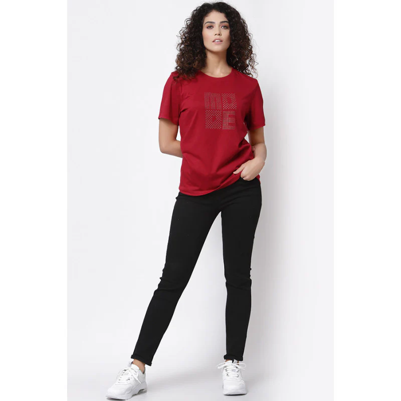 Women Red Round Neck T-Shirt - Image 5