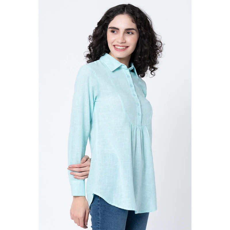 Women's Aqua Solid Blouse Top - Image 2