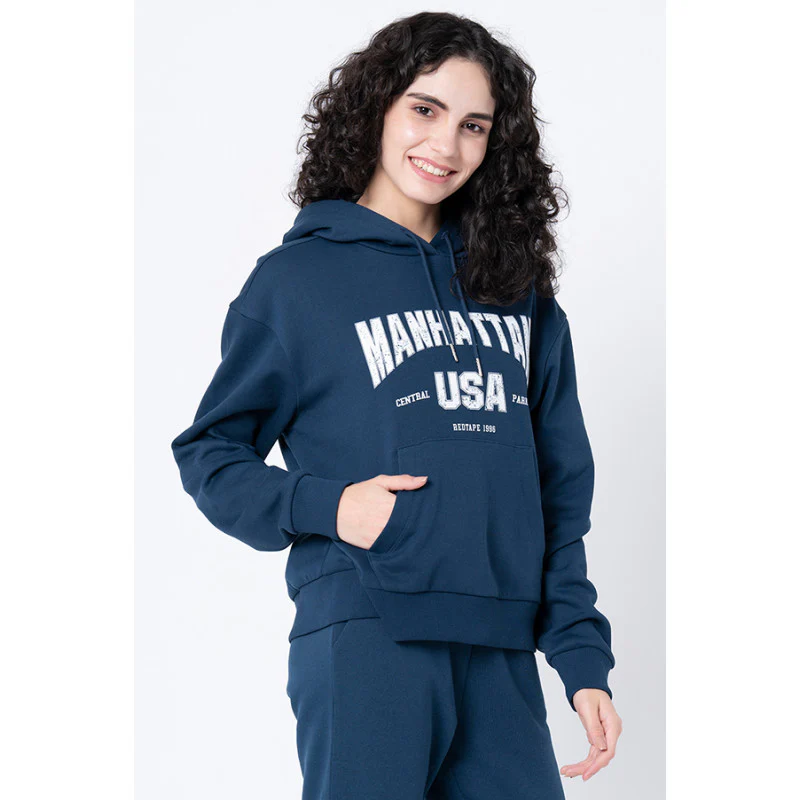 Women's Deep Blue Typography Hoodie - Image 2