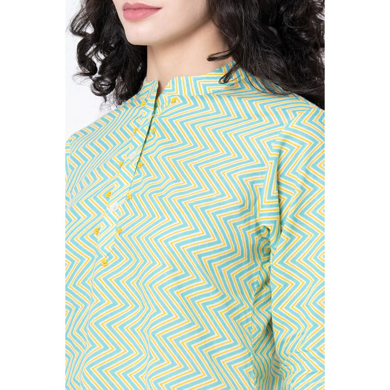 Women's Green Zig Zag Print High Low Kurta - Image 4