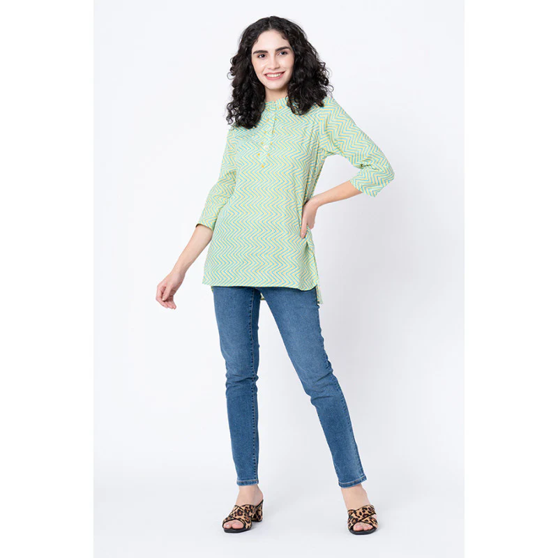 Women's Green Zig Zag Print High Low Kurta - Image 5