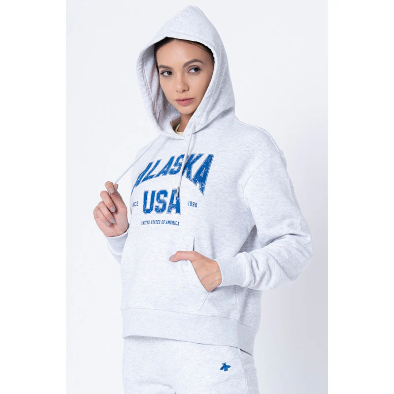 Women's Grey Melange Printed Hoodie - Image 2