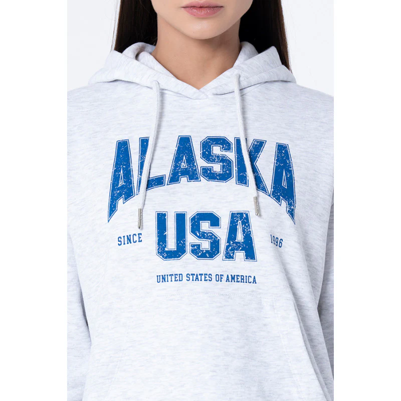 Women's Grey Melange Printed Hoodie - Image 4