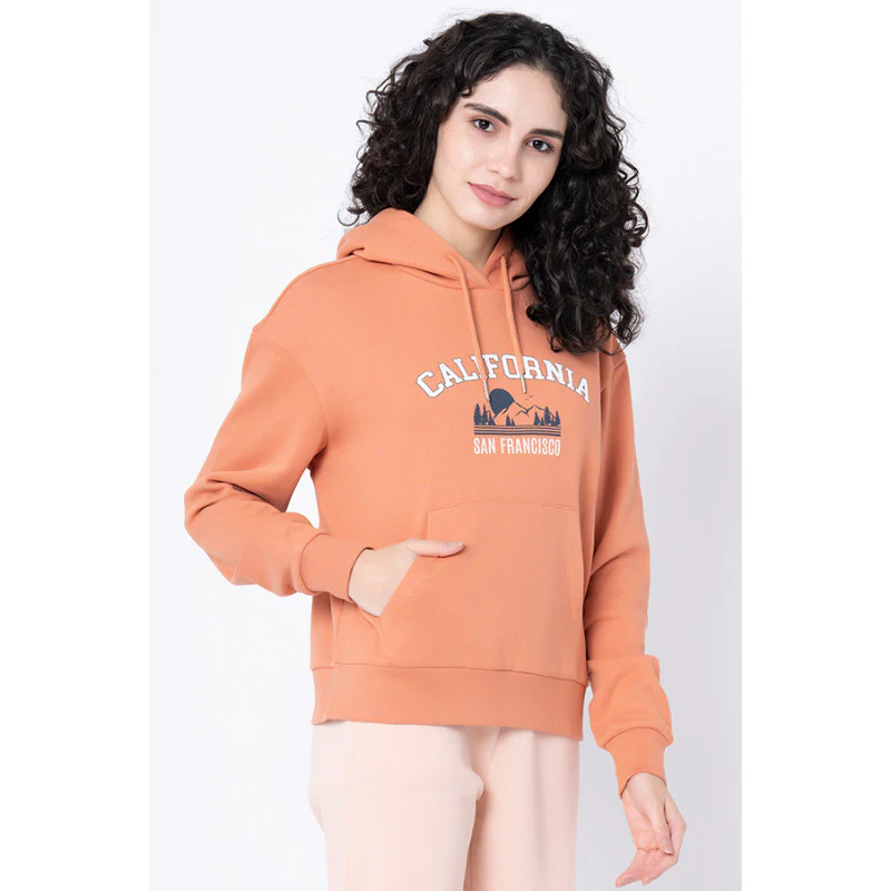Women's Light Orange Graphic Print Hoodie - Image 2