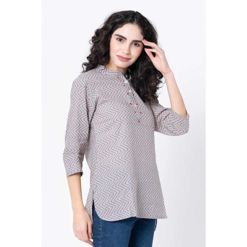 Women's Multicolor Zig Zag Print High Low Kurta - Image 2
