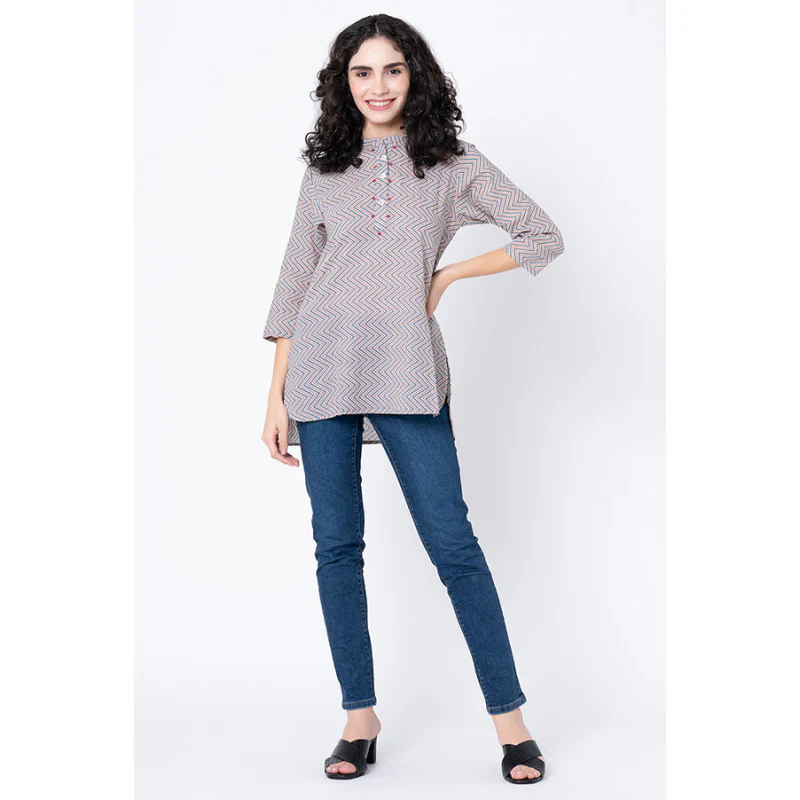 Women's Multicolor Zig Zag Print High Low Kurta - Image 5