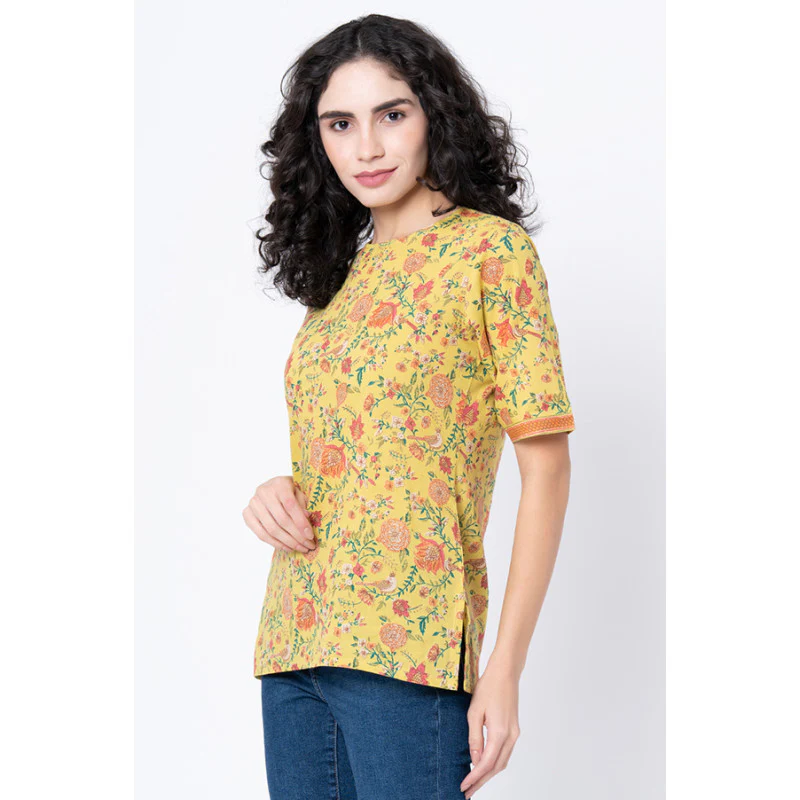 Women's Mustard Yellow Floral Print Blouse Top - Image 2