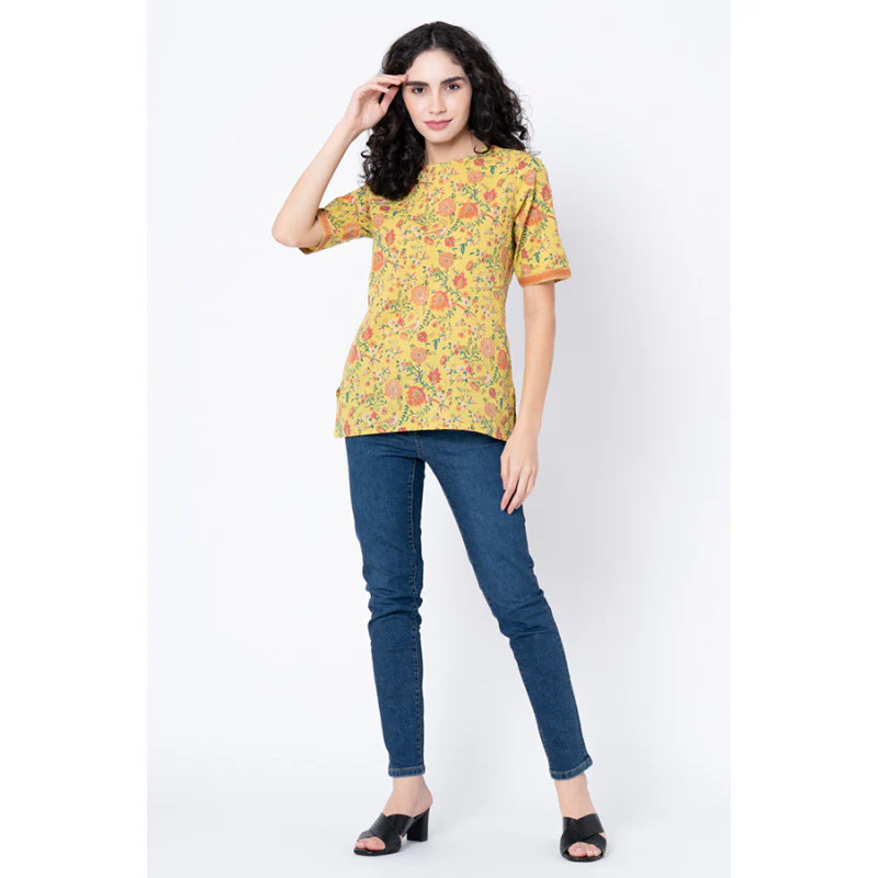 Women's Mustard Yellow Floral Print Blouse Top - Image 5