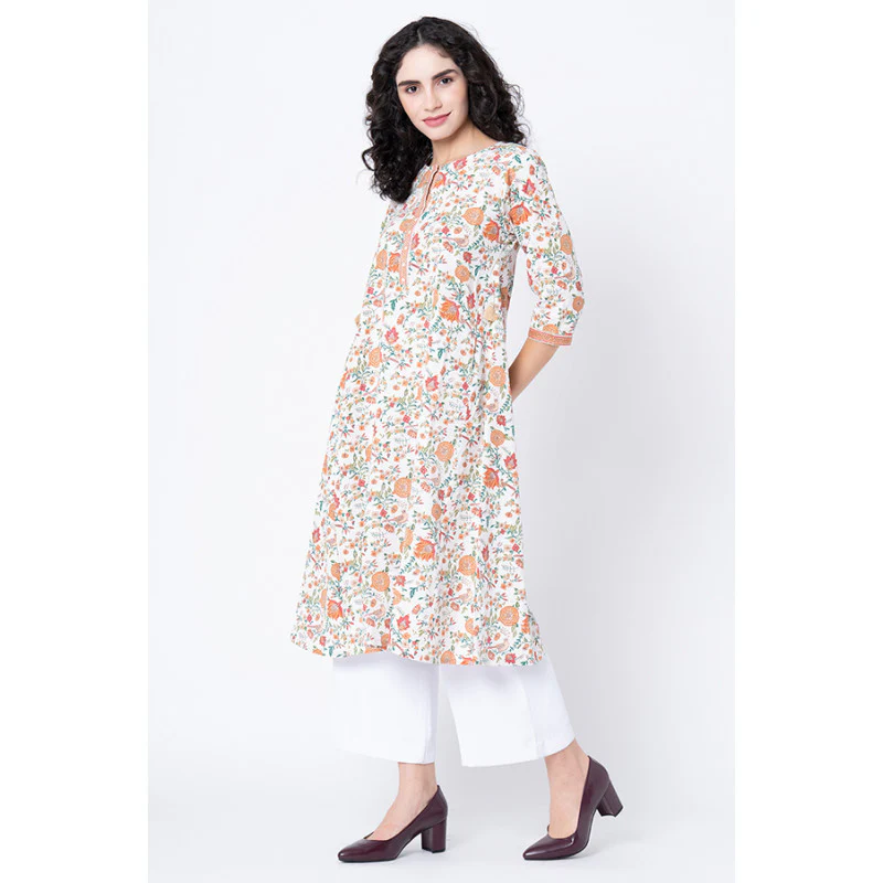 Women's Off White Floral Print Kurta - Image 2