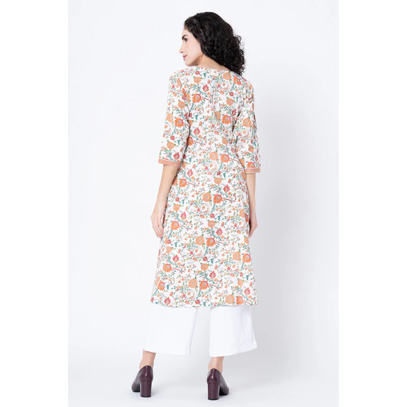 Women's Off White Floral Print Kurta - Image 3