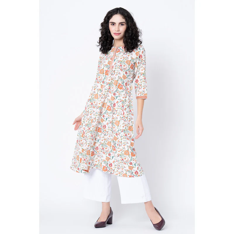 Women's Off White Floral Print Kurta - Image 5