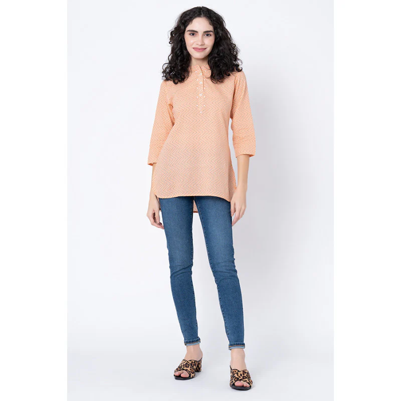 Women's Peach Zig Zag Print High Low Kurta - Image 5
