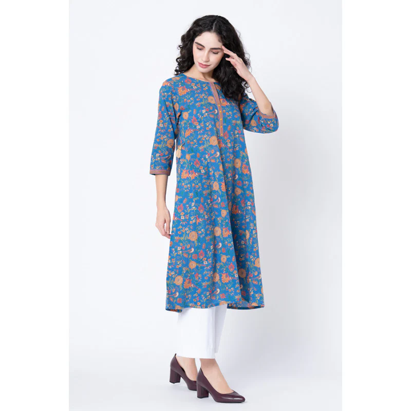 Women's Royal Blue Floral Print Kurta - Image 2