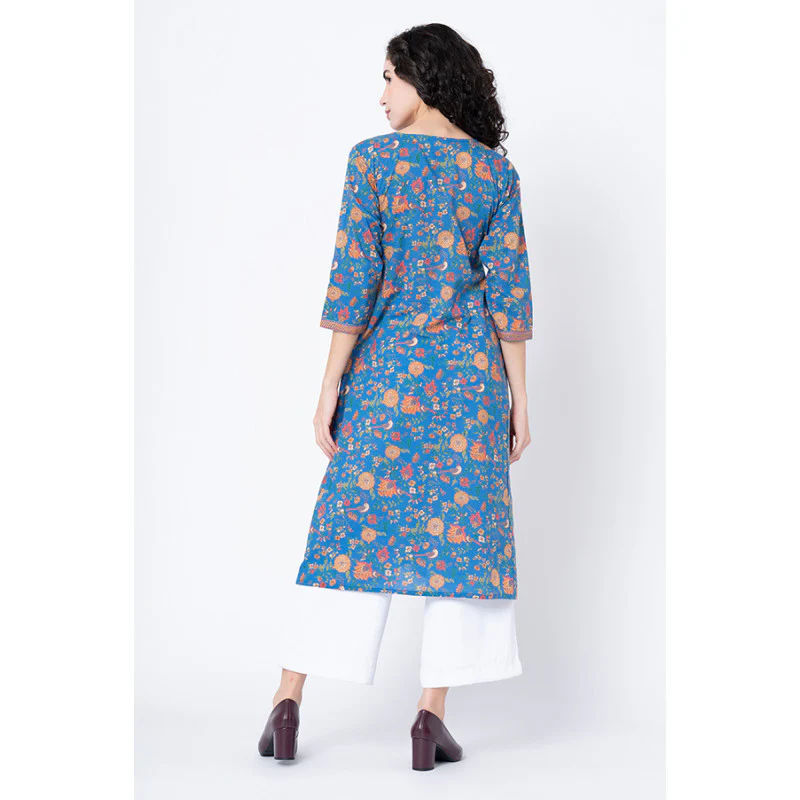 Women's Royal Blue Floral Print Kurta - Image 3