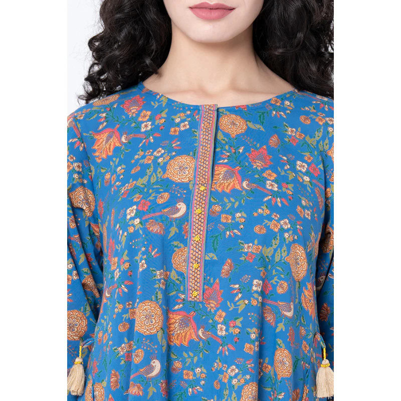 Women's Royal Blue Floral Print Kurta - Image 4
