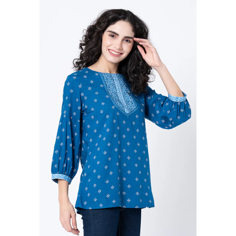 Women's Royal Blue Printed Blouse Top - Image 2