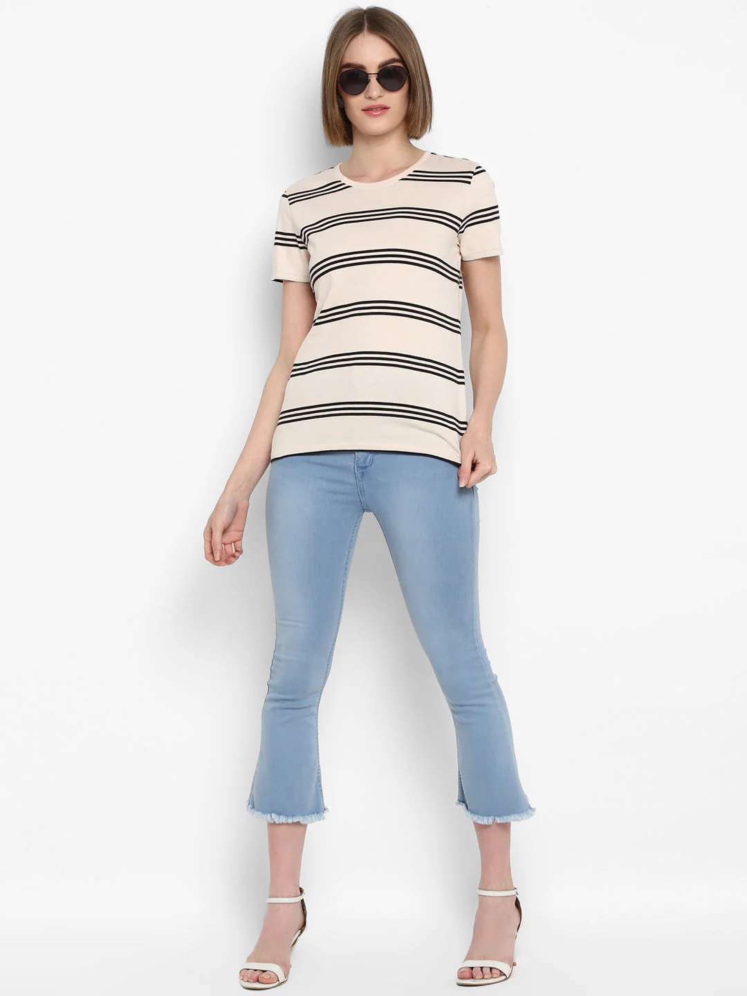 T-Shirt for Women in Off White | Cotton Round Neck Striped T Shirt - Image 2