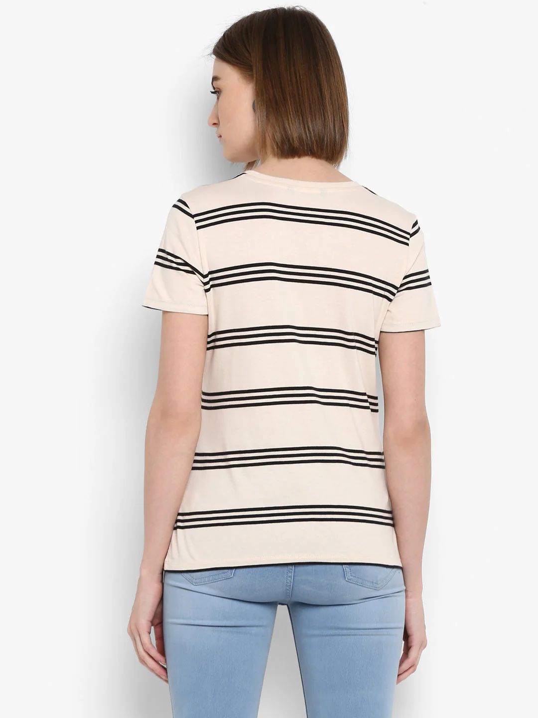 T-Shirt for Women in Off White | Cotton Round Neck Striped T Shirt - Image 3
