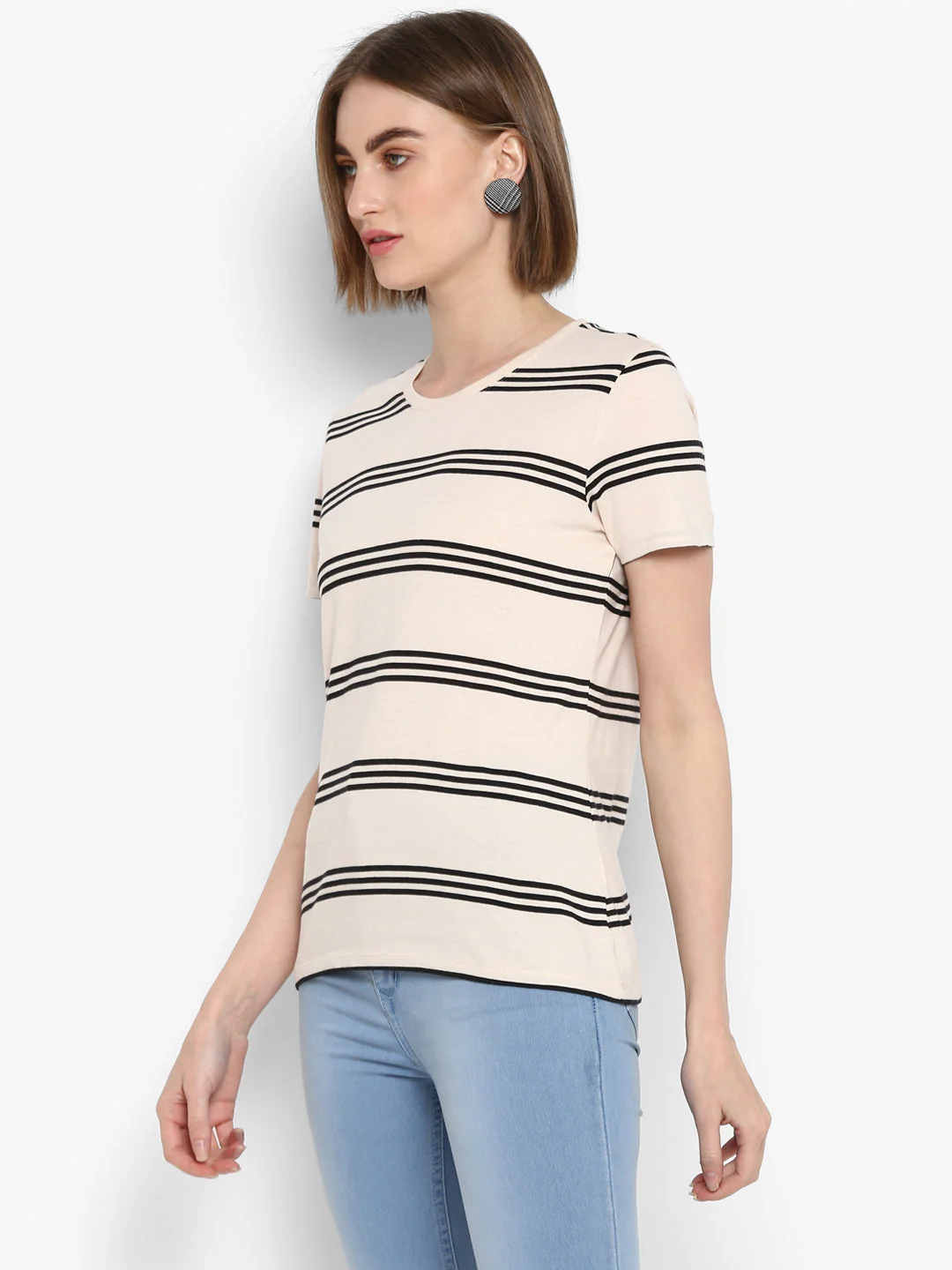 T-Shirt for Women in Off White | Cotton Round Neck Striped T Shirt - Image 4