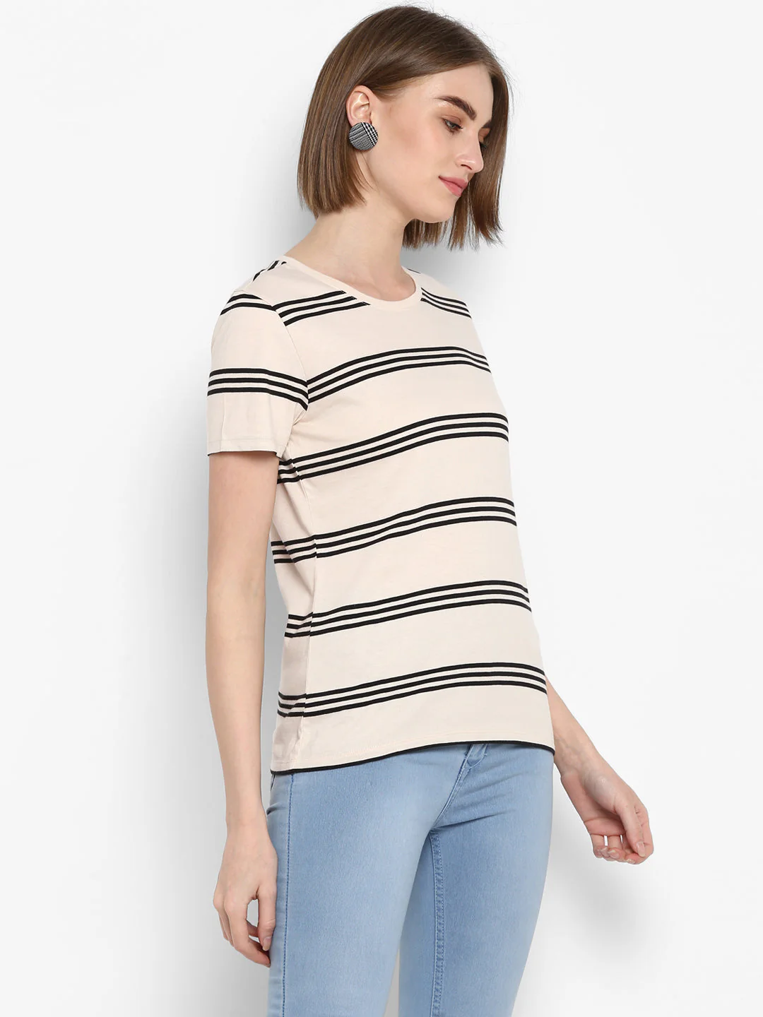 T-Shirt for Women in Off White | Cotton Round Neck Striped T Shirt - Image 5